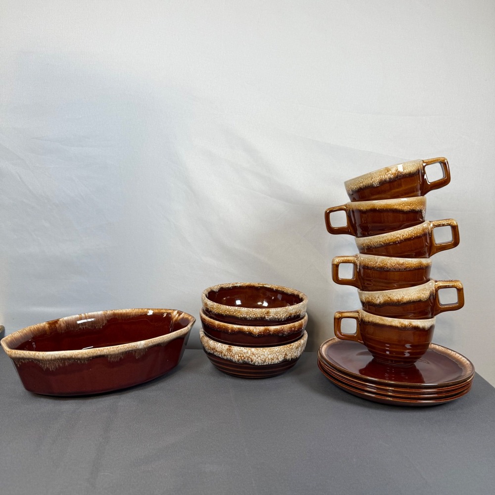 VTG MCM Brown Drip Glaze Stoneware Casserole‎ Dish Cups Saucers Bowls Oven Proof